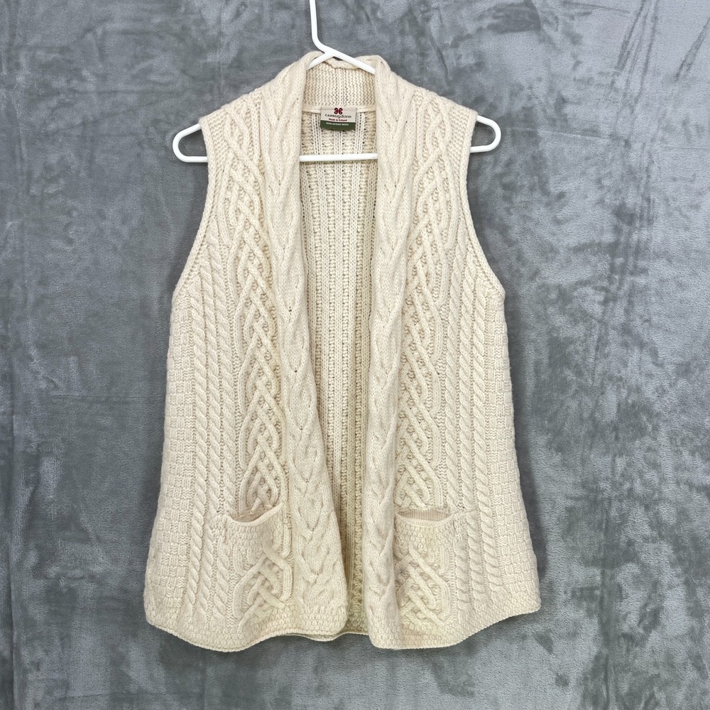Carraig Donn Sweater Vest Womens M Merino Wool Cable Ireland Pockets Open Front